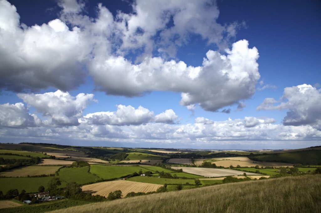 View from a hillside over a patchwork of farm fields separated by hedgerows