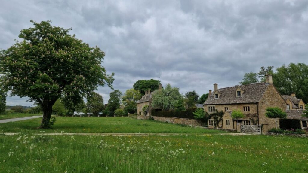 A traditional Cotswolds cottage with a village green in front and a horse chestnut tree in bloom.