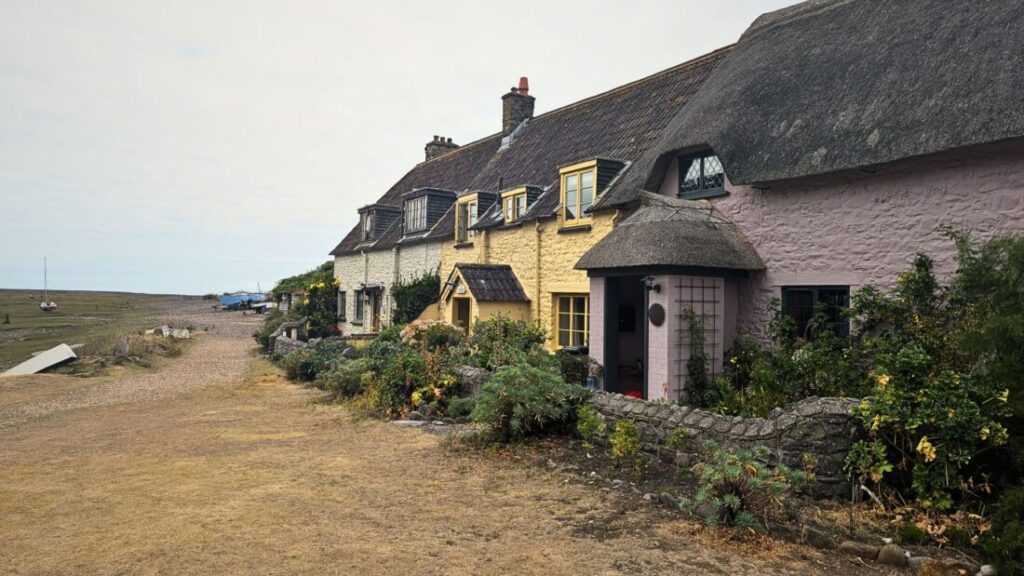 A row of colourful cottages on the coast with thatched roofs and thatched porches.