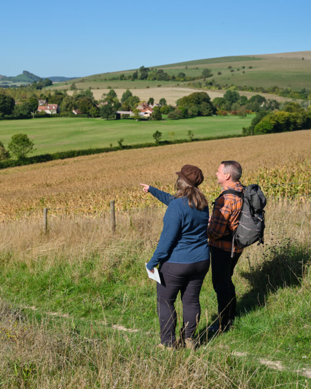 Two walkers are standing on a hill looking out at the view and pointing.