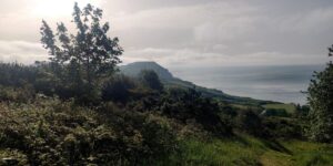 View of the Dorset coast with Golden Cap in the distance and the blue sea to the right.