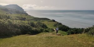 View of the Dorset coast with Golden cap in the distance and a footpath winding through a field and trees in the foreground. A hiker with his dog is looking back at the camera.