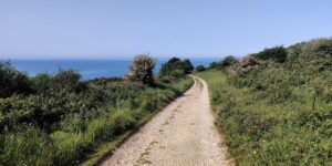 View of a gravel track stretching off into the distance with the blue sea shimmering in the background.