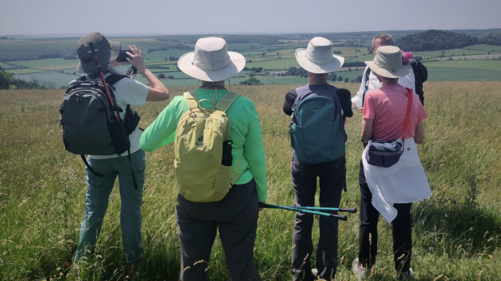 Photo of a group of hikers taken from behind standing on top of a hill looking out at the view.
