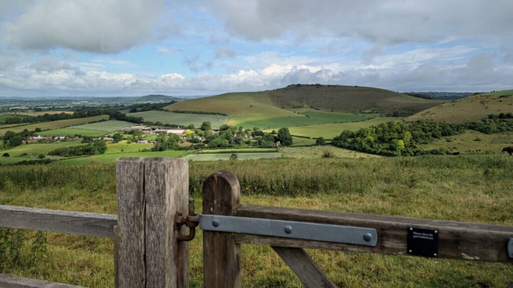 View of the Cranborne Chase hills with a wooden gate in the foreground