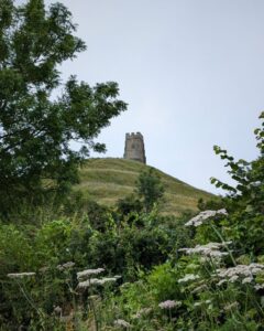View of Glastonbury Tot and its ruined church tower from a distance with hedges and cow parsley in the foreground