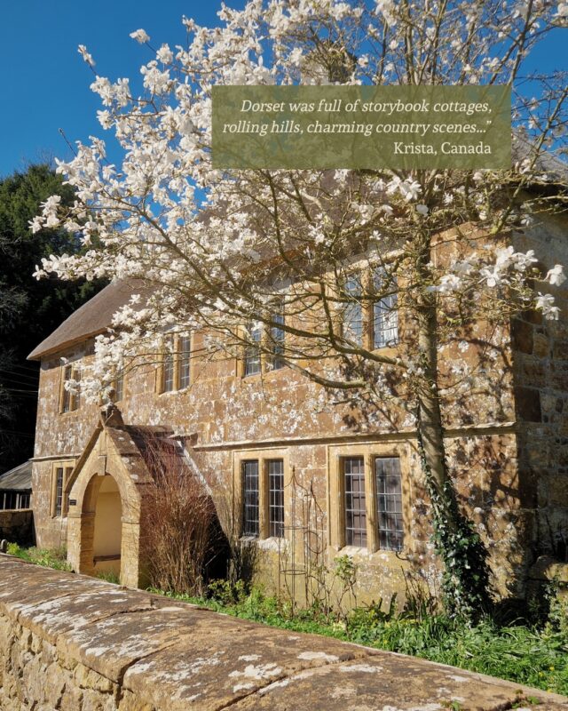 Image of a beautiful stone cottage with a tree in full blossom in the garden. In the top right corner is a testimonial: “We loved our time walking through the fields, woods, and little villages, and spending time together.” Connie, USA