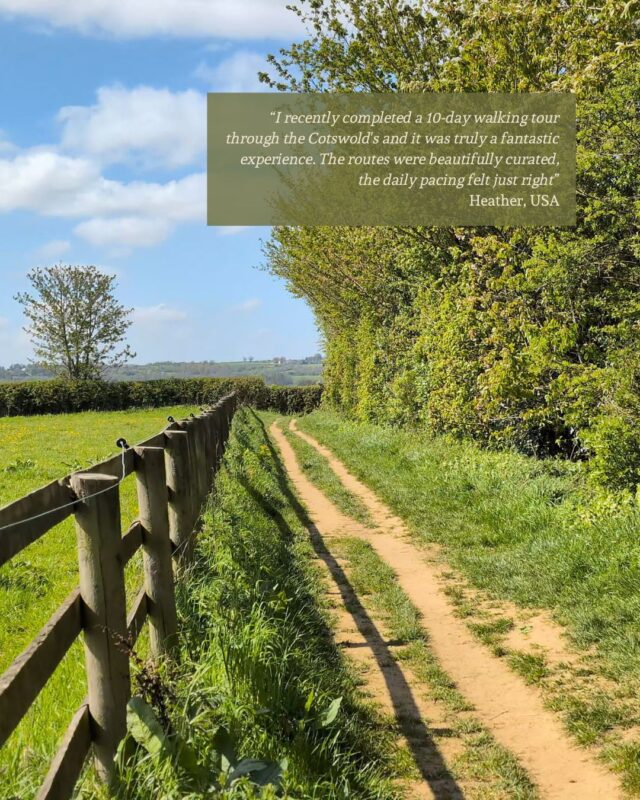 A footpath stretches out into the distance on the edge of a field. The path is bordered by a fence on the left and trees on the right. There is a guest testimonial in the top right corner: “I recently completed a 10‑day walking tour through the Cotswold's and it was truly a fantastic experience. The routes were beautifully curated, the daily pacing felt just right” Heather, USA