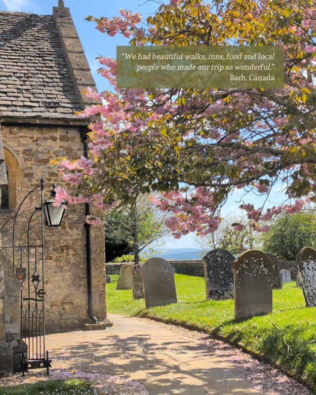 View of a path leading to a church yard with an overhanging tree full of pink blossom and a gust testimonial in the top right: "“We had beautiful walks, inns, food and local people who made our trip so wonderful.” Barb, Canada"