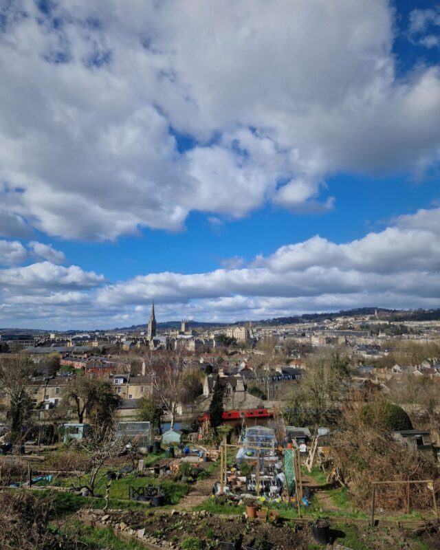 A view of the city of Bath from the distance, with alloments in the foreground and the spires and roofs of Bath in the background