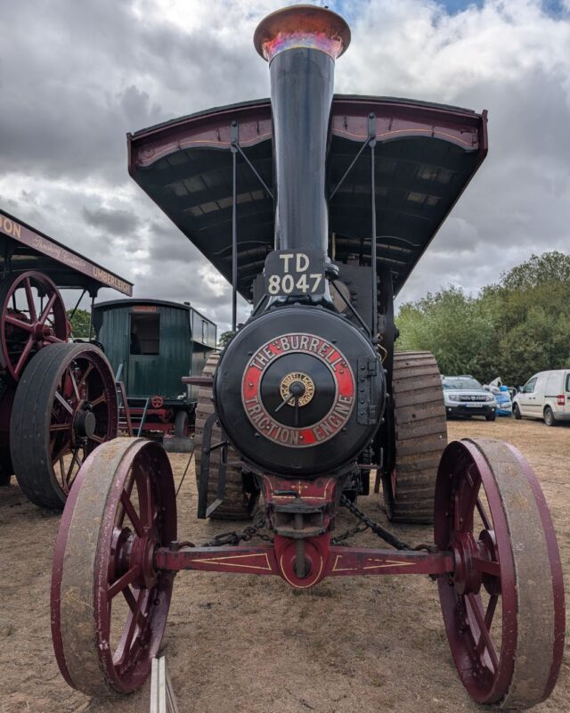 View of a beautifully restored steam engine from the front