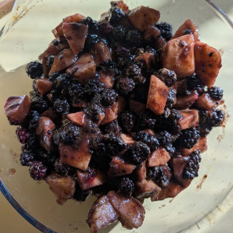 Chopped apples and blackberries in a bowl mixed with sugar and cinnamon
