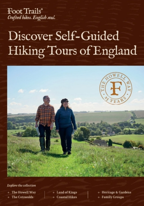 The cover of the Foot Trails 2027 brochure, with the title, a brief description of highlights inside and a photo of Foot Trails Founders David and Alison walking in the countryside,
