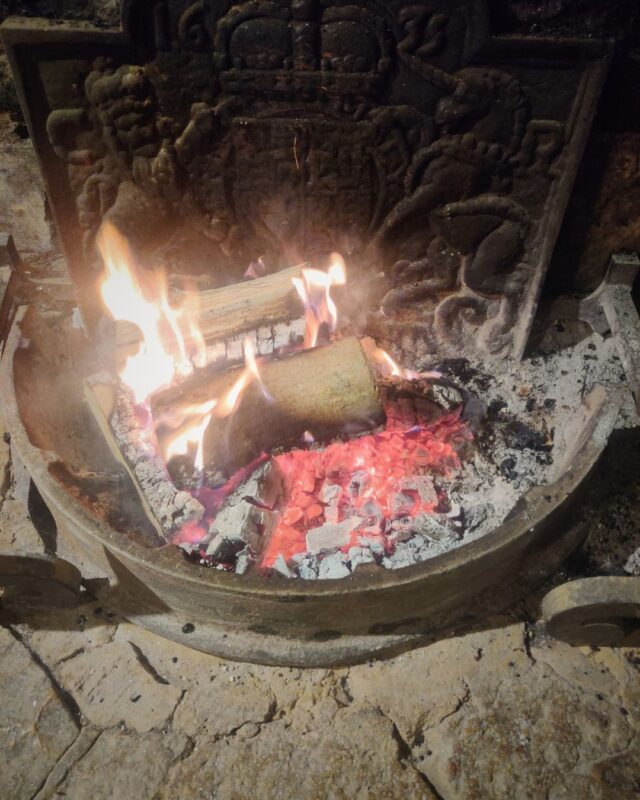 A roaring log fire in a cosy country inn