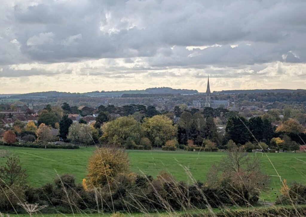 View over rolling green countryside with Salisbury cathedral spire rising up on the horizon